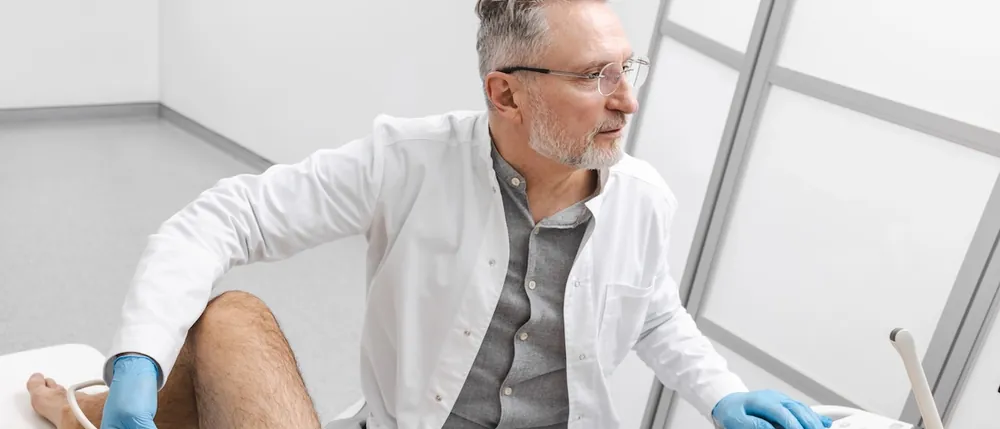 Doctor performing an ultrasound of a patient's groin to check for ProGrip hernia mesh complications